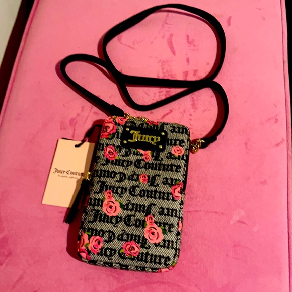 Juicy Couture Handbags - Juicy Couture Pink BloomBlack Furget Me Not Cellie. Brand new never used.